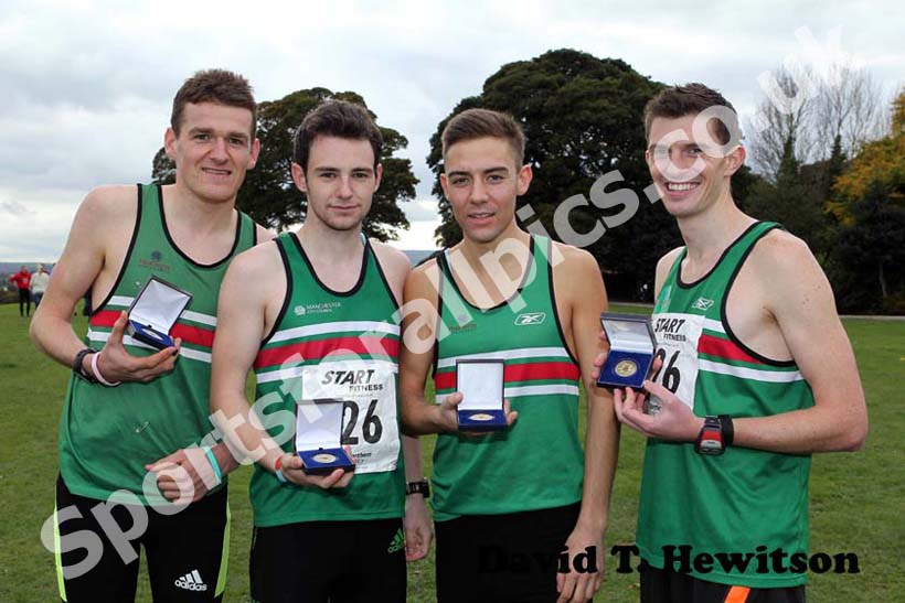 Sale Harriers winners of the senior men, from left to right:  Niall Brooks, S. Horsley, Charles Hulson and James Bailey, Northern Cross Country Relay, Graves Park, Sheffield.